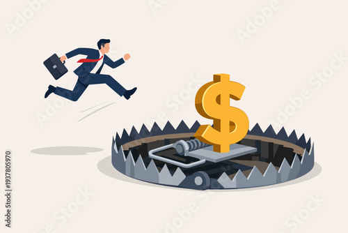Businessman Jumping to Catch Golden Dollar Sign Bait on a Dangerous Bear Trap Over a Deep Pit, Representing Financial Risk, Investment Trap, Ponzi Scheme, Business Pitfall, and Money Scam.