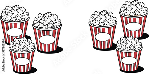A set of popcorn buckets in red and white stripes illustration