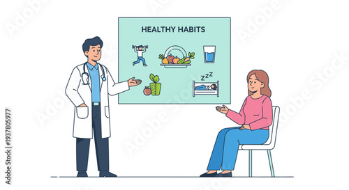 A doctor in a white coat presents a healthy habits infographic to a seated woman in a pink shirt and blue jeans on a white background with a mix of green and blue dominant colors.