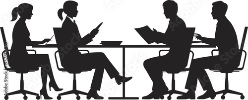 Business team meeting reviewing documents at office table, corporate discussion planning strategy, professional workplace collaboration silhouette concept illustration