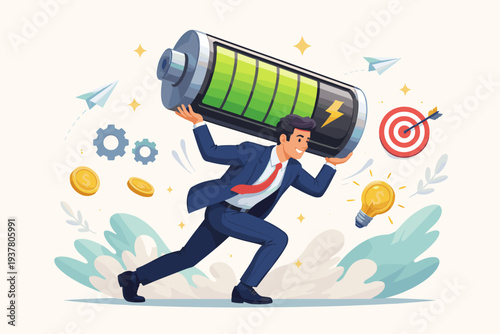 Energetic businessman carrying a large fully charged battery, representing productivity, motivation, and efficiency in business to reach goals, success, and professional growth illustration.