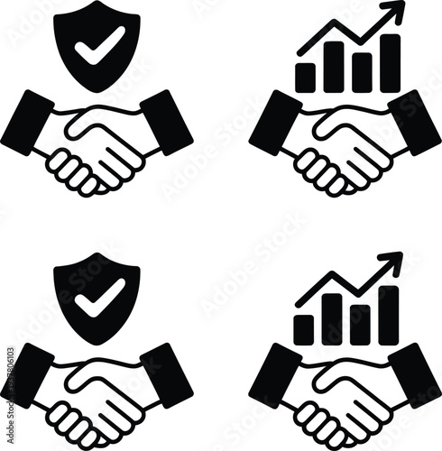 Business partnership and agreement icons symbolizing trust safety and growth in professional collaborations and successful deal making opportunities together.
