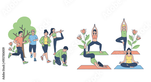Illustration of people engaging in outdoor running and yoga practices with trees and flowers in a vibrant, flat design style conveying a healthy and active lifestyle against a clean white