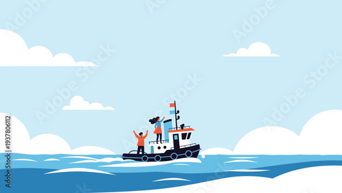 Small tugboat sailing across the blue ocean waves with two happy people waving from the deck under a clear sky with soft white clouds.