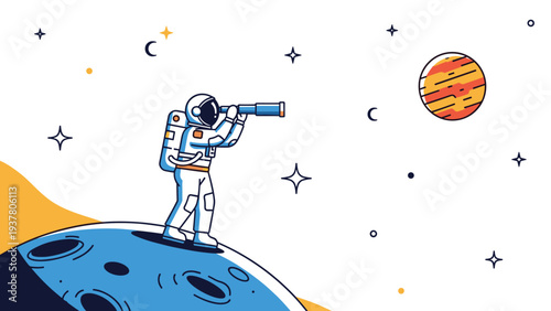 Astronaut standing on the moon and using a long telescope to observe a distant ringed planet in the starry night sky of outer space.