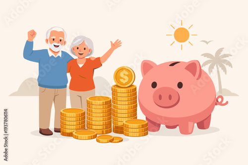 Happy elderly couple celebrating financial freedom and retirement savings with a large piggy bank and stacks of gold coins, representing 401k, Roth IRA, mutual funds, and pension planning for future.