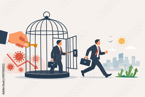 Business recovery and reopening global economy after coronavirus lockdown. Businessman walking out of birdcage towards growth. Hand unlocking cage, ending pandemic restrictions and recession.