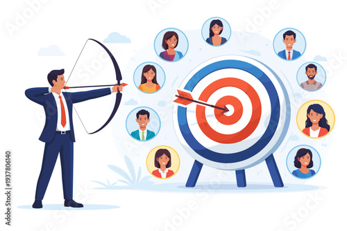 Businessman in suit aiming bow and arrow at bullseye target with diverse customer profile icons. Concept of target audience marketing, recruitment, business strategy, and niche advertising.