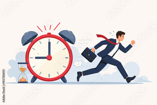 Stressed Businessman in Suit Running Away from Giant Alarm Clock and Hourglass, Concept of Deadline Pressure, Time Management, Urgency, and Hurrying to Work, Flat Vector Illustration Design.