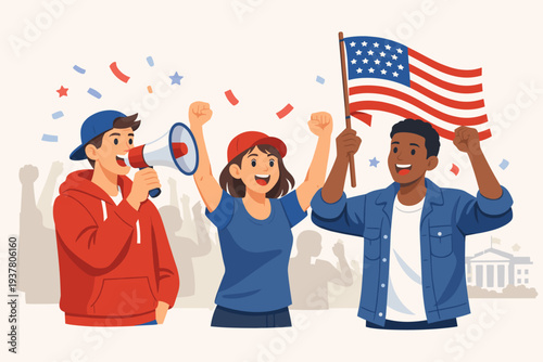 Diverse People Celebrating US Presidential Election Results with American Flag, Megaphone, and Raised Fists in Front of White House Silhouette, Concept of Democracy, Patriotism, and Voting in USA.