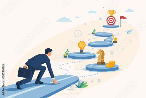 Businessman at the starting line of a career path with milestones like a lightbulb for ideas, chess piece for strategy, and coins for wealth, aiming for the final goal of a trophy and target.