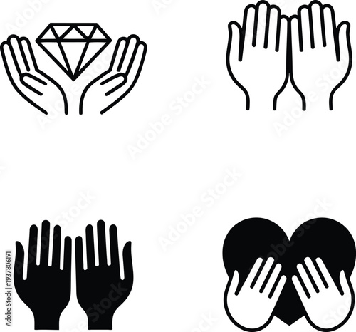 Collection of simple line art icons depicting various hand gestures and a diamond symbolizing different meanings and interpretations in various cultures and contexts worldwide daily.