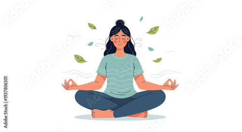 A serene woman meditates in a lotus position with leaves floating around her against a clean white background.
