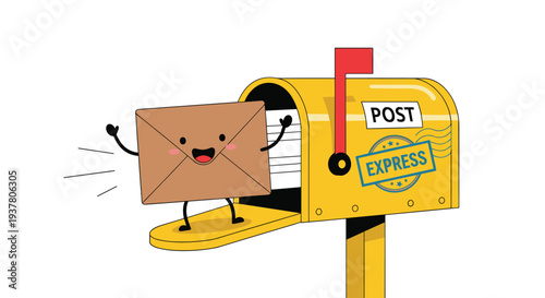 Cheerful cartoon envelope character with a happy face jumping out of a yellow post box with an express mail stamp.