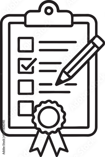Checklist Clipboard with Pencil and Approval Seal Icon – Task List and Quality Check Concept