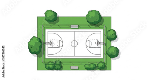 Aerial view of a basketball court with trees surrounding it.