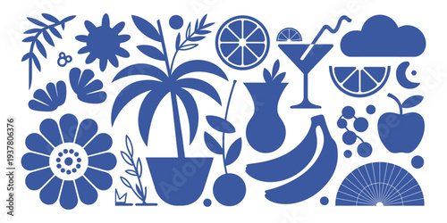 Blue Silhouette Collection of Botanical Leaves and Summer Drink Elements, Minimal Monochrome Vector Set with Tropical Plants, Cocktails and Beverage Icons for Summer Theme Design, Party Invitation and