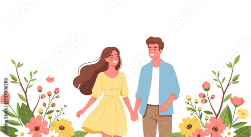 Illustration of a romantic couple holding hands walking among colorful flowers and lush greenery on a white background with a cheerful mood.