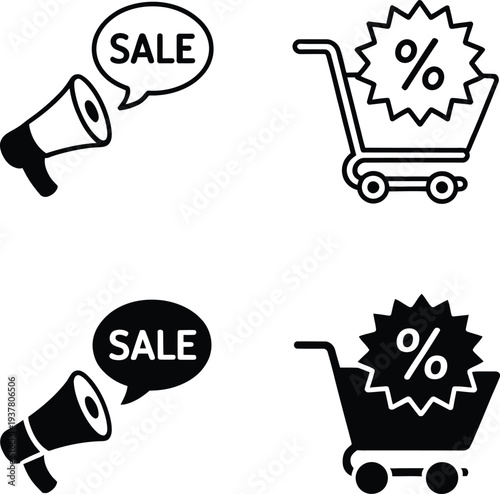 Set of black and white sale icons featuring megaphones and shopping carts for promotional marketing graphics and advertisements online.
