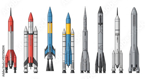 Collection of various rockets and spacecraft lined up.