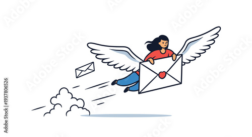 Person with large white wings flying through the air to deliver a large envelope, symbolizing fast and efficient communication.
