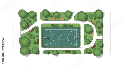 Aerial view of a community park with basketball court and walking paths.