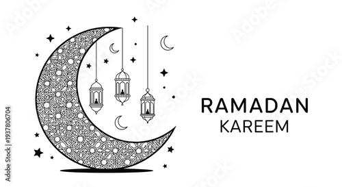 Ramadan Kareem greeting card with an ornate crescent moon, hanging lanterns, and stars in a black and white line art style.