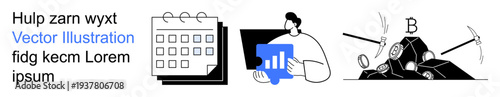 Business planning, data analysis, financial management, cryptocurrency mining, economic strategies, fintech. Calendar, person analyzing data cryptocurrency mining graphic. Business planning and data