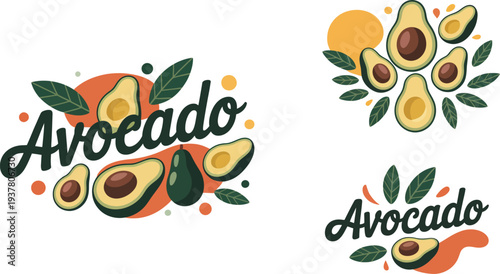 Avocado illustration with halved fruits and leaves on colorful backgrounds