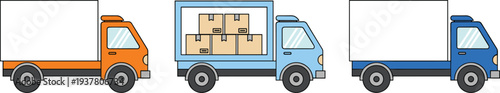 Delivery truck set with cargo boxes, logistics transport vehicles, shipping service trucks for distribution and freight transportation illustration