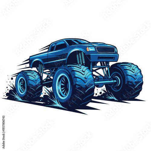 A blue monster truck vector illustration with large tires and motion lines on a white background. Perfect for automotive designs, posters, and vehicle graphics.