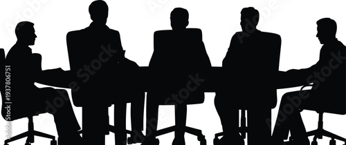 Business team meeting silhouette at conference table, corporate boardroom discussion, leadership strategy planning, professional teamwork collaboration, office management concept