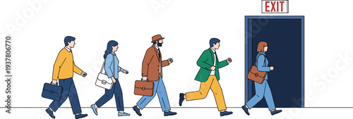 exit, evacuation, emergency, people, safety, escape, door, crowd, office, workers, evacuation route, emergency exit, safety concept, illustration, vector