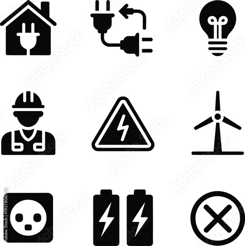 Comprehensive collection of electrical icons representing energy, safety, and technology in a simple black and white visual style