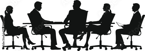 Business team meeting silhouette at conference table, corporate boardroom discussion, leadership teamwork strategy planning, professional office collaboration concept