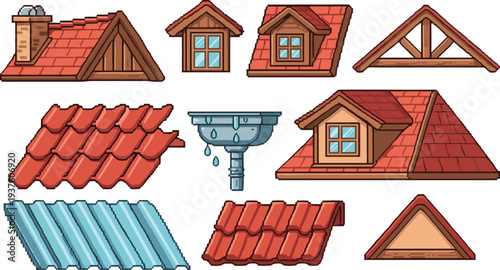 House roof elements set, tiles, dormer windows, gutter system and wooden attic roofs construction architecture vector illustration collection