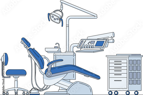 Modern dental clinic equipment illustration, dentist chair with overhead light, dental tools unit, medical treatment room, healthcare technology concept