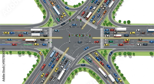 Busy highway intersection with many cars and trucks.