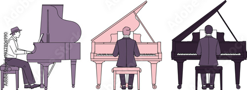 piano, pianist, musician, grand, piano, music, performance, instrument, classical, concert, player, illustration, vector, art, entertainment, melody, stage, musician, keyboard, composition