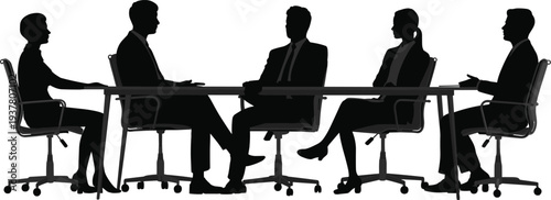 Business team meeting silhouette at conference table, corporate boardroom discussion, leadership teamwork strategy planning, professional office management collaboration concept