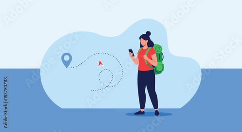 Female hiker with a large backpack using a smartphone for GPS navigation, following a dotted line route to her destination.