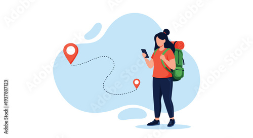 Female traveler with a backpack using her phone to navigate a route between two location pins on a map illustration.