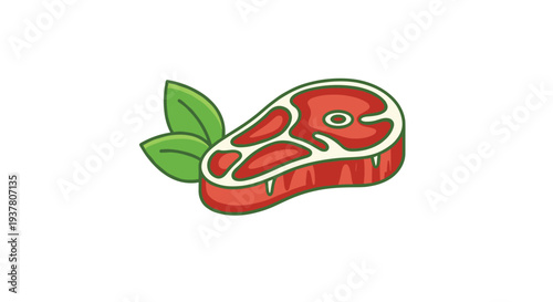 Simple cartoon icon of a raw T-bone steak with a bone and green leaves, representing fresh meat or a butcher shop.
