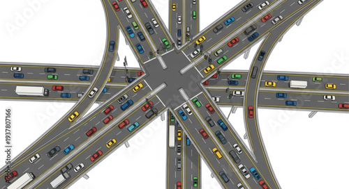Busy Highway Interchange with Heavy Traffic Congestion Aerial View.