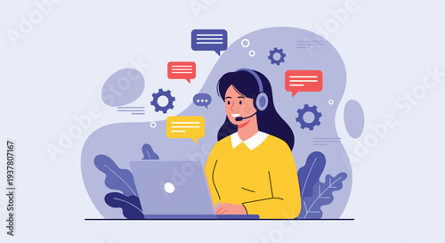 Friendly female customer service agent with a headset works on her laptop, providing online technical support and client assistance.