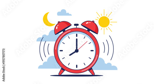 Red retro twin-bell alarm clock rings loudly with a sun and moon in the background, symbolizing wake-up calls, deadlines, and time management.