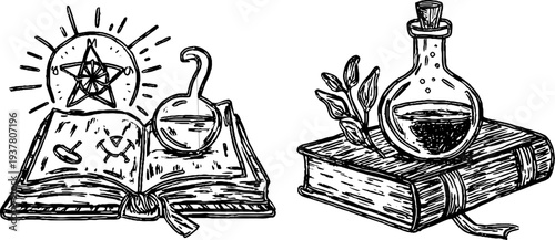 Mystical alchemy collection: open book with glass retort and occult symbols for magical exploration