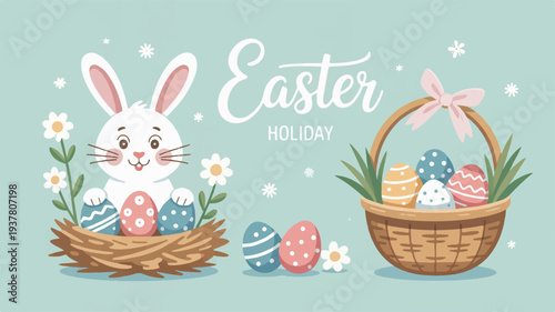 Easter holiday bunny in nest with eggs and basket on pastel background