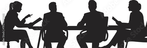 Business team meeting silhouette discussion at conference table, corporate office teamwork planning strategy, professional leadership collaboration management concept