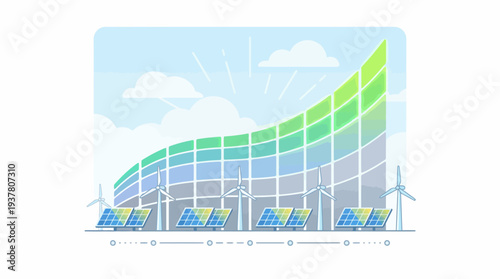 Illustration of renewable energy growth with solar panels, wind turbines, and an upward trending graph under a bright sky.